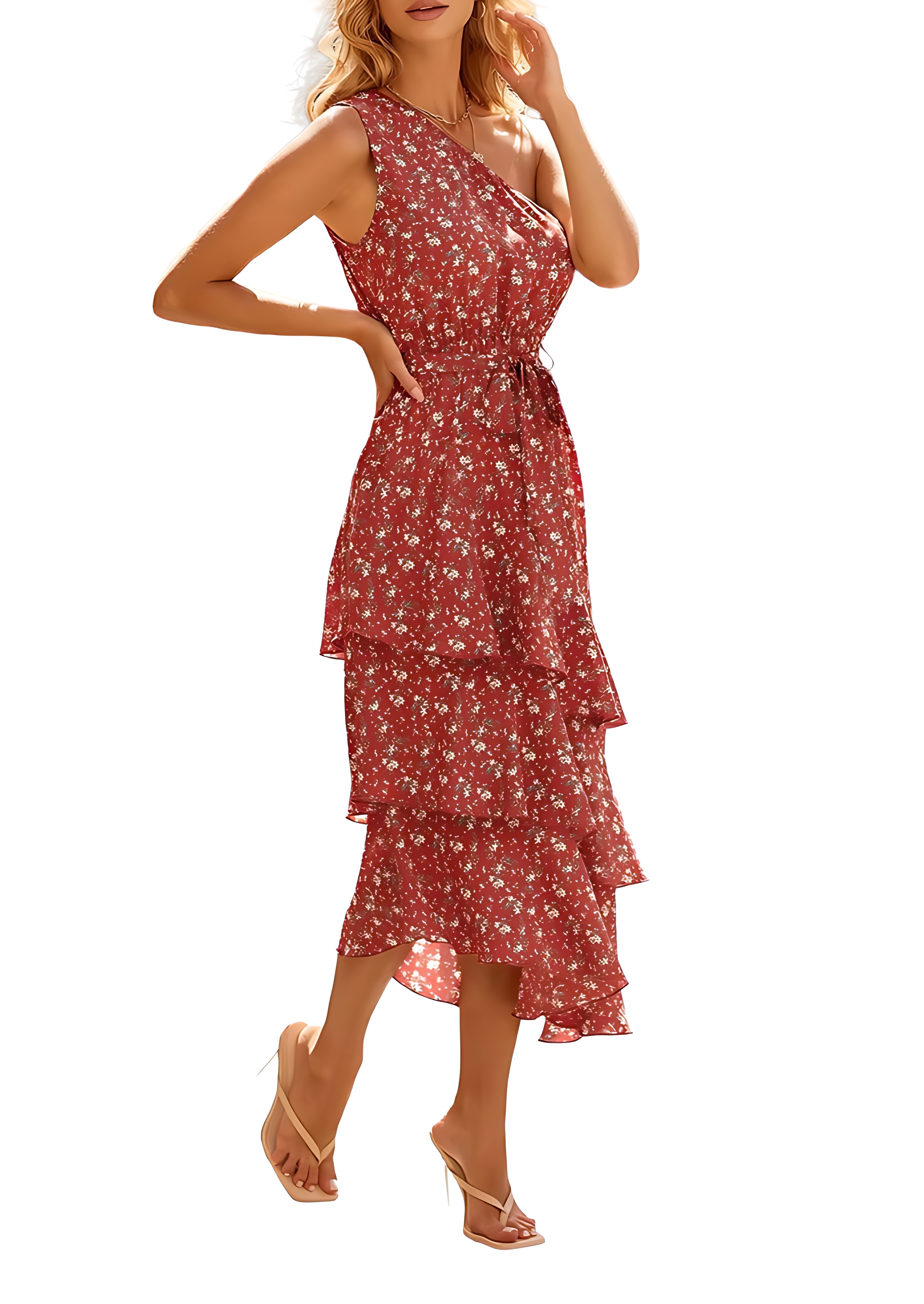 One Shoulder Floral Ruffle Midi Dress with Belt