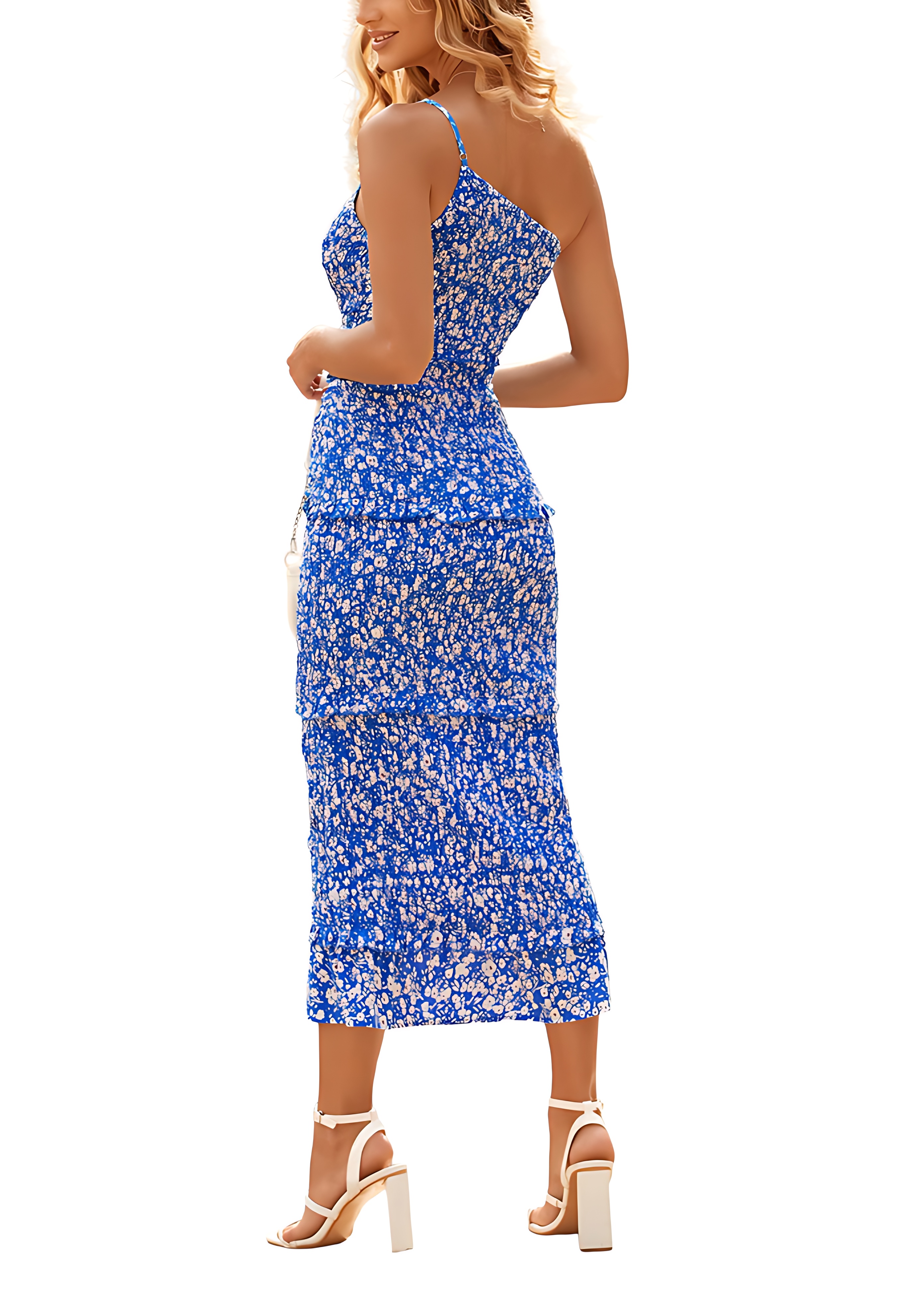 One Shoulder Floral Midi Dress with Tiered Ruffle Hem