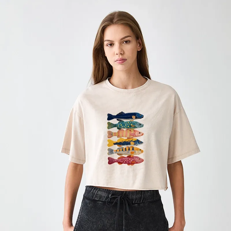 Colorful Fish Art Collection Women's Washed Crop T-Shirt