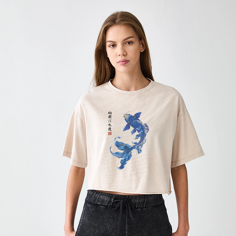 Lucky Blue Koi Fish Art Women's Washed Crop T-Shirt