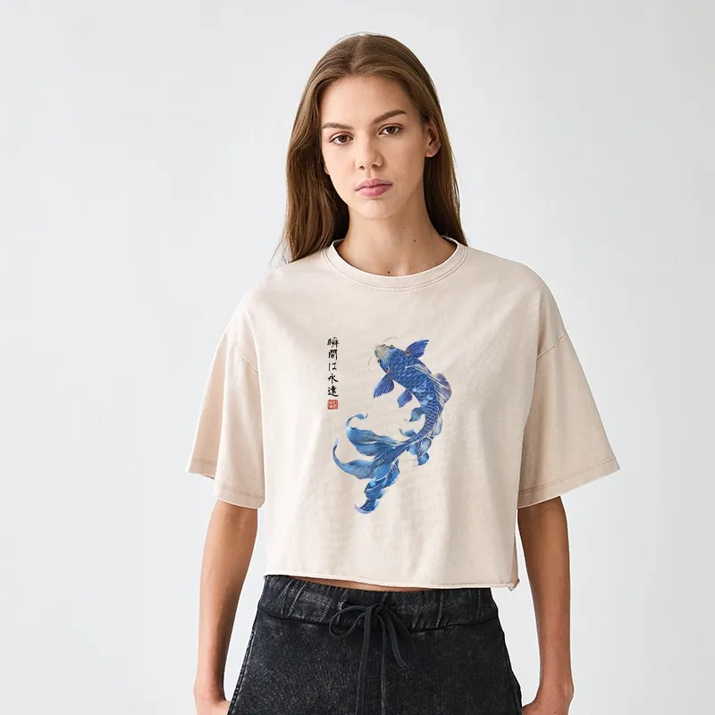 Lucky Blue Koi Fish Art Women's Washed Crop T-Shirt