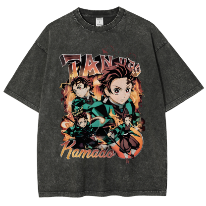 Demon Slayer Tanjiro Kamado Print Vintage Washed T-Shirt