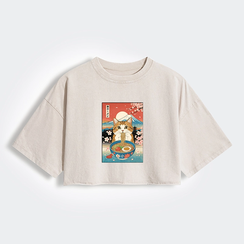 Funny Orange Cat Eating Ramen Japan Women's Washed Crop T-Shirt