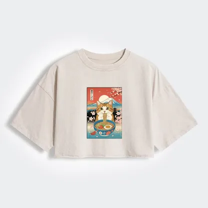 Funny Orange Cat Eating Ramen Japan Women's Washed Crop T-Shirt