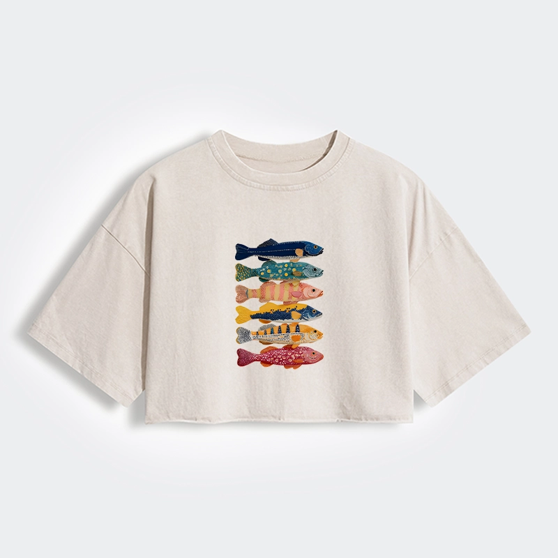 Colorful Fish Art Collection Women's Washed Crop T-Shirt