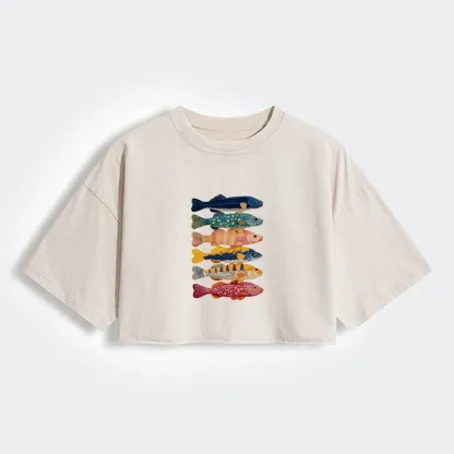 Colorful Fish Art Collection Women's Washed Crop T-Shirt