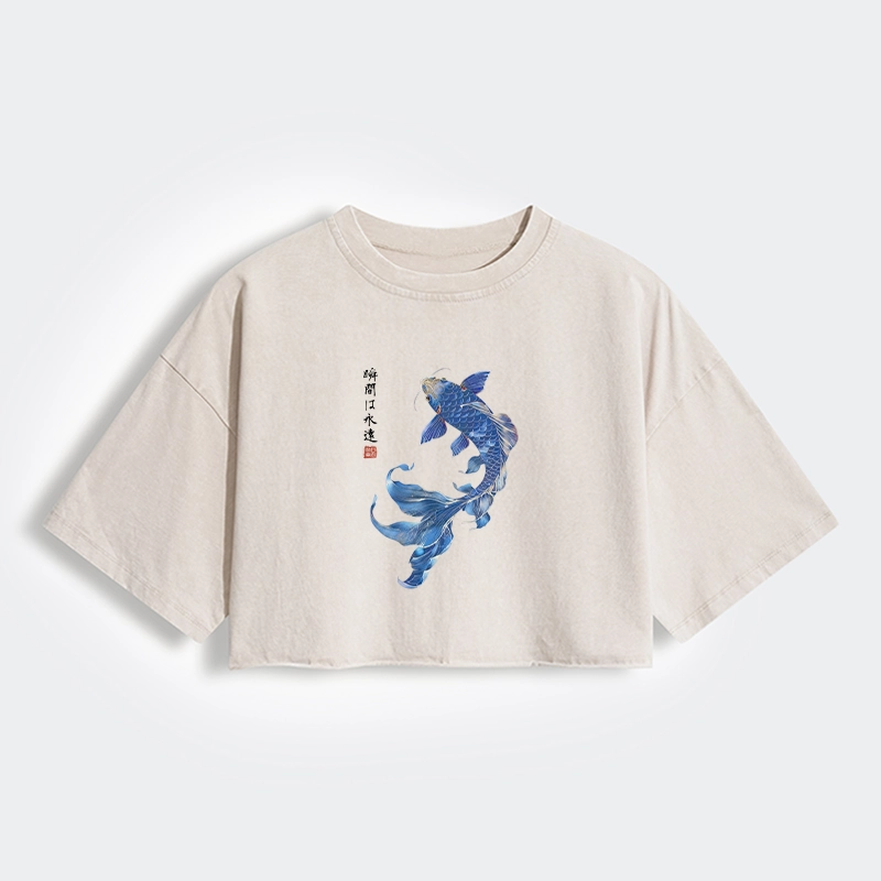 Lucky Blue Koi Fish Art Women's Washed Crop T-Shirt