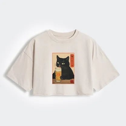 Cat Holding A Glass Of Beer Women's Washed Crop T-Shirt