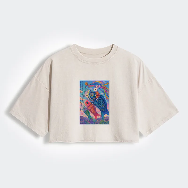 Ukiyoe Rabbit Ride Carp streamer Poster Women's Washed Crop T-Shirt