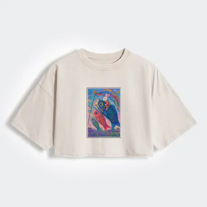 Ukiyoe Rabbit Ride Carp streamer Poster Women's Washed Crop T-Shirt