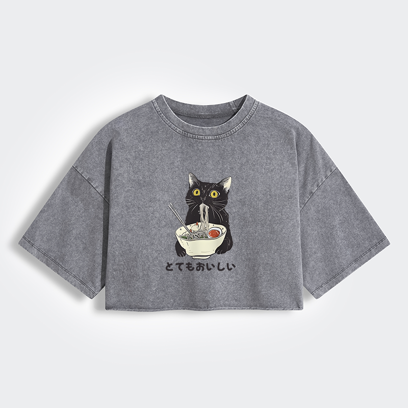Cats Eat Ramen Noodles Women's Washed Crop T-Shirt