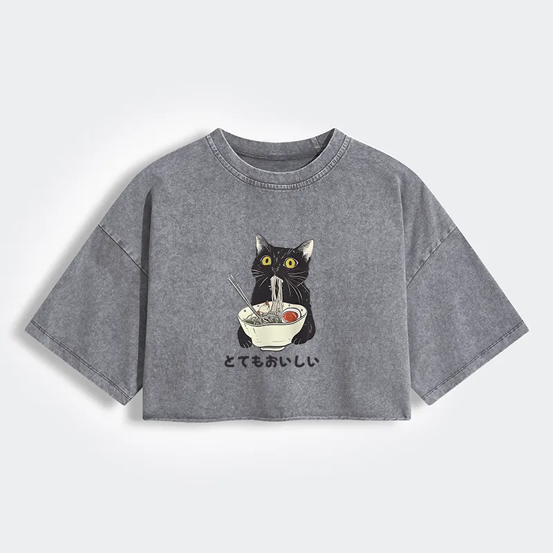 Cats Eat Ramen Noodles Women's Washed Crop T-Shirt