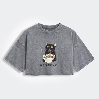 Cats Eat Ramen Noodles Women's Washed Crop T-Shirt
