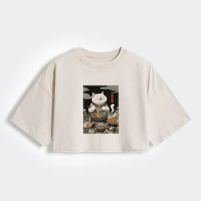 The Ramen-Loving Cat Women's Washed Crop T-Shirt