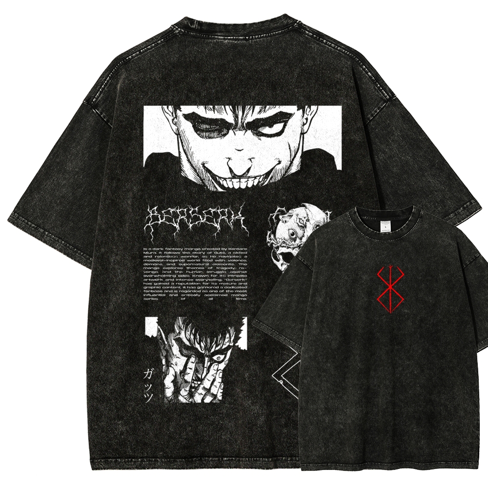 Berserk Anime Acid Washed Oversize T-Shirt Berserk Guts Anime Tee