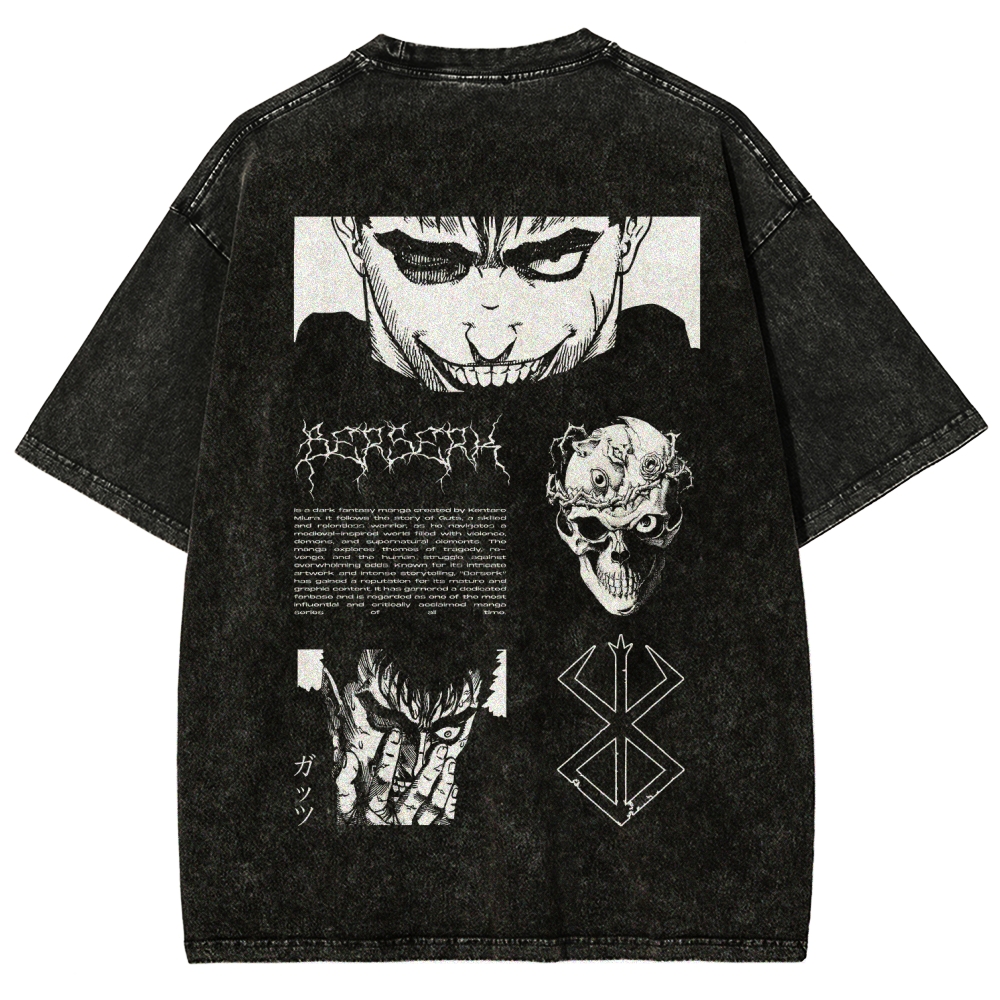 Berserk Anime Acid Washed Oversize T-Shirt Berserk Guts Anime Tee