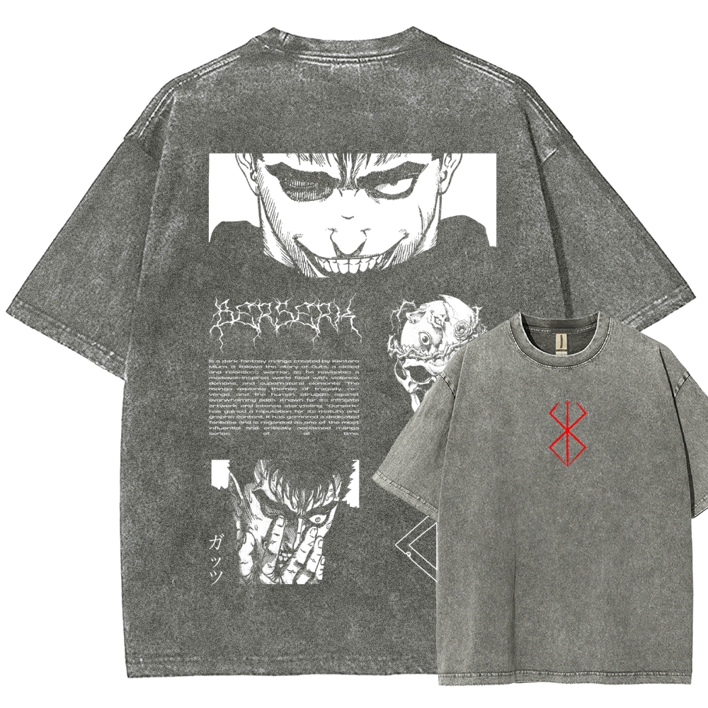 Berserk Anime Acid Washed Oversize T-Shirt Berserk Guts Anime Tee