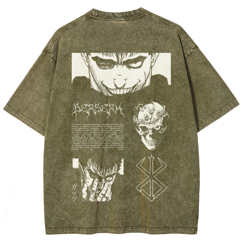 Berserk Anime Acid Washed Oversize T-Shirt Berserk Guts Anime Tee