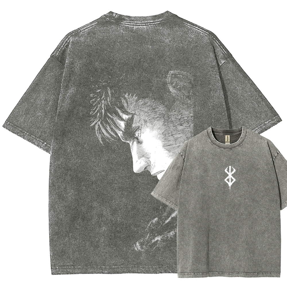 Berserk Guts Anime Acid Wash Oversize T-Shirt 2509021333