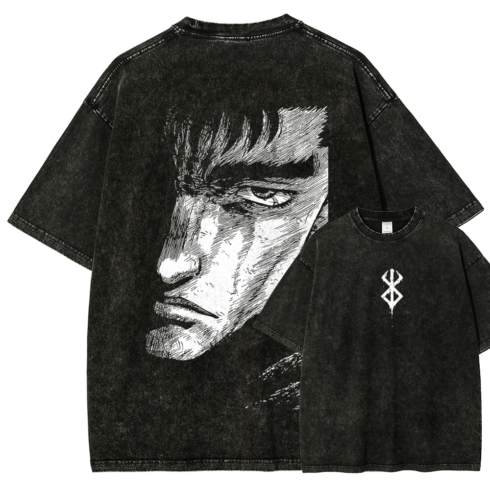 Berserk Guts Anime Acid Wash Oversize T-Shirt 2509021338