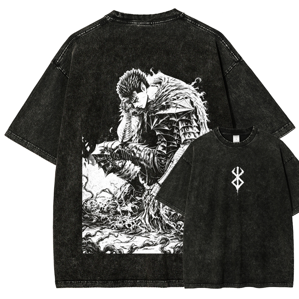 Black Knight Guts Berserk Retro Vintage Unisex Oversize Anime Manga Washed Heavyweight Cotton T-shirt