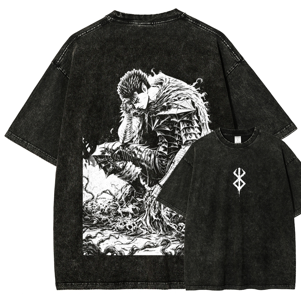 Black Knight Guts Berserk Retro Vintage Unisex Oversize Anime Manga Washed Heavyweight Cotton T-shirt