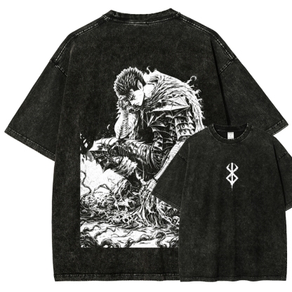 Black Knight Guts Berserk Retro Vintage Unisex Oversize Anime Manga Washed Heavyweight Cotton T-shirt