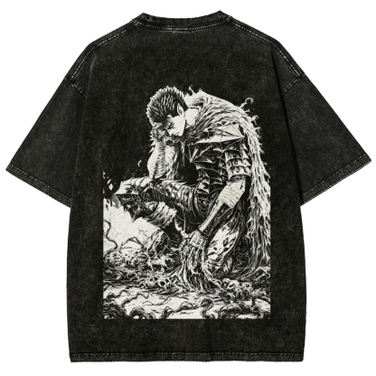 Black Knight Guts Berserk Retro Vintage Unisex Oversize Anime Manga Washed Heavyweight Cotton T-shirt
