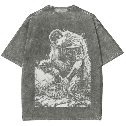 Black Knight Guts Berserk Retro Vintage Unisex Oversize Anime Manga Washed Heavyweight Cotton T-shirt