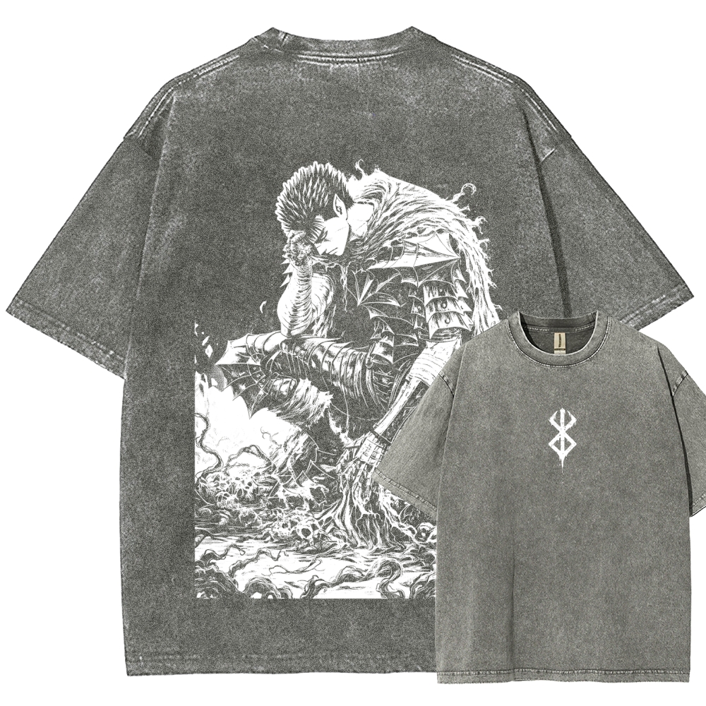 Black Knight Guts Berserk Retro Vintage Unisex Oversize Anime Manga Washed Heavyweight Cotton T-shirt