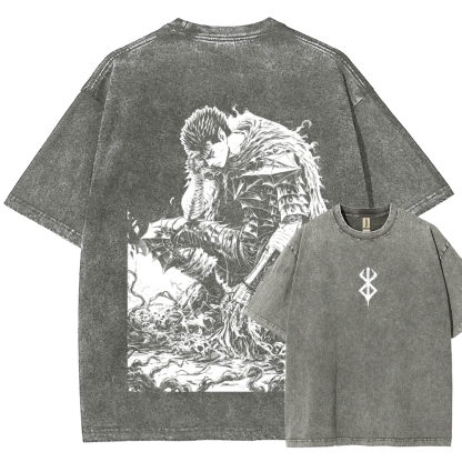 Black Knight Guts Berserk Retro Vintage Unisex Oversize Anime Manga Washed Heavyweight Cotton T-shirt