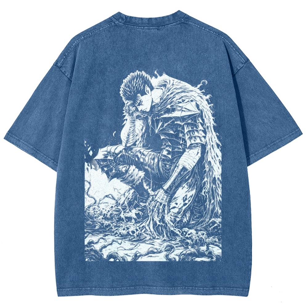 Black Knight Guts Berserk Retro Vintage Unisex Oversize Anime Manga Washed Heavyweight Cotton T-shirt