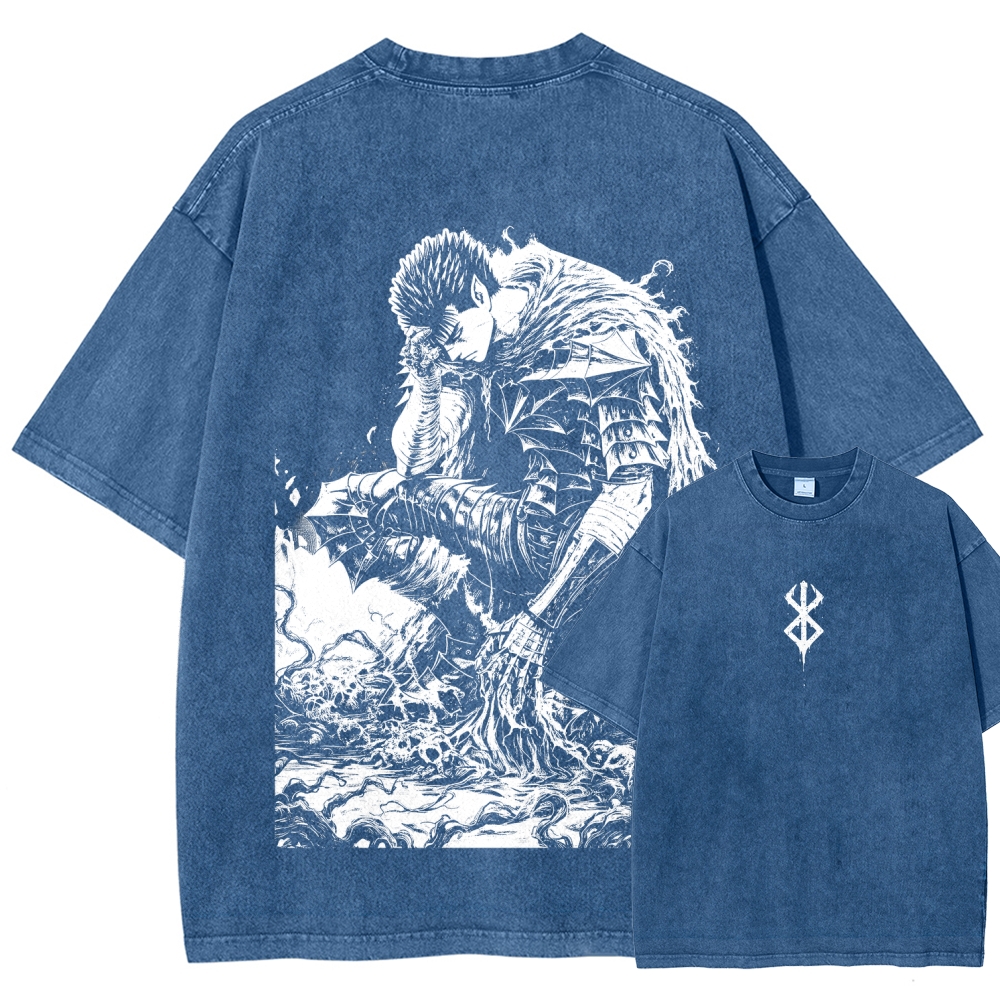 Black Knight Guts Berserk Retro Vintage Unisex Oversize Anime Manga Washed Heavyweight Cotton T-shirt