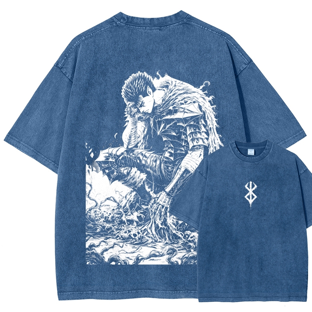 Black Knight Guts Berserk Retro Vintage Unisex Oversize Anime Manga Washed Heavyweight Cotton T-shirt
