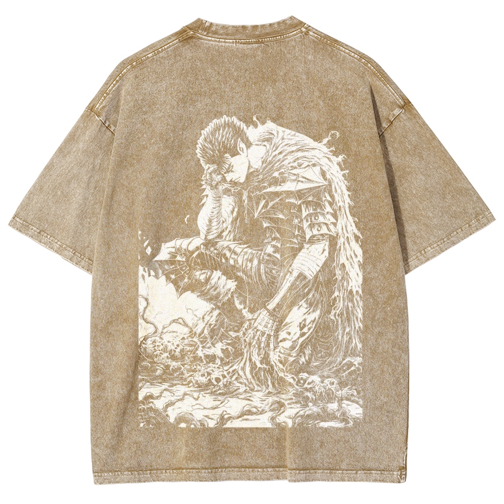 Black Knight Guts Berserk Retro Vintage Unisex Oversize Anime Manga Washed Heavyweight Cotton T-shirt