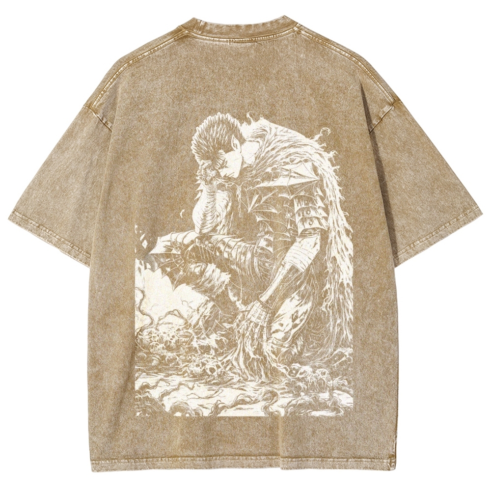 Black Knight Guts Berserk Retro Vintage Unisex Oversize Anime Manga Washed Heavyweight Cotton T-shirt