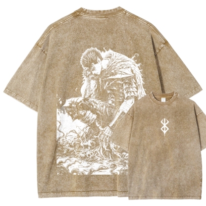 Black Knight Guts Berserk Retro Vintage Unisex Oversize Anime Manga Washed Heavyweight Cotton T-shirt