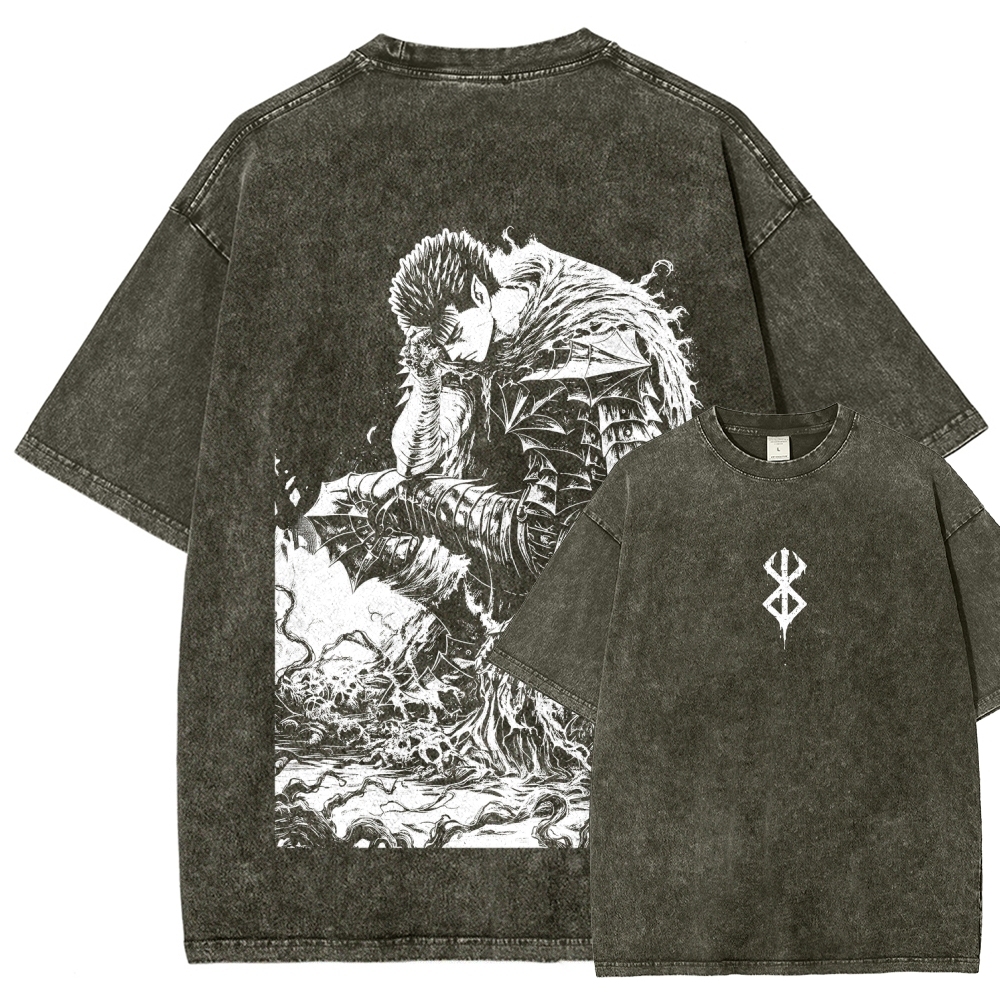 Black Knight Guts Berserk Retro Vintage Unisex Oversize Anime Manga Washed Heavyweight Cotton T-shirt