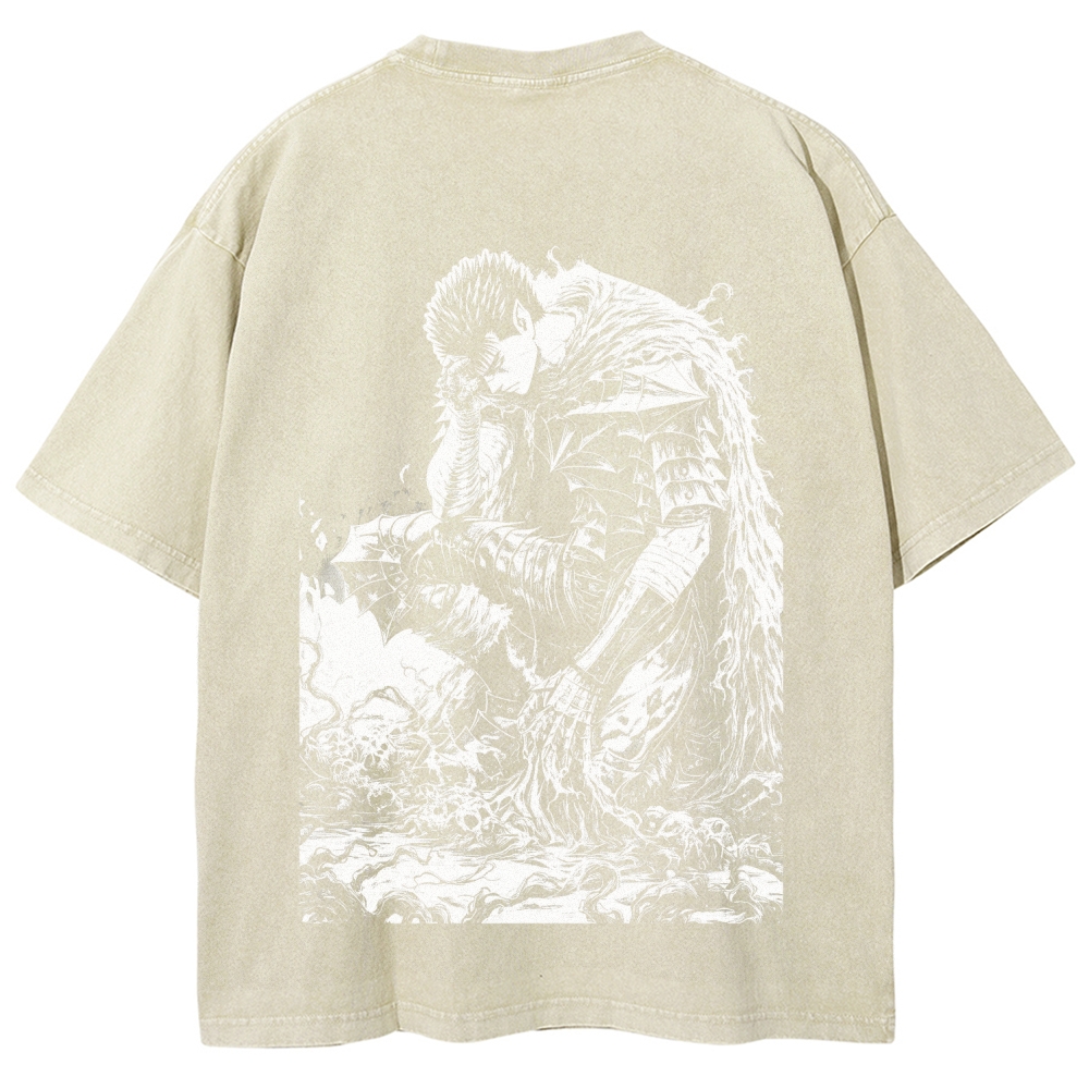 Black Knight Guts Berserk Retro Vintage Unisex Oversize Anime Manga Washed Heavyweight Cotton T-shirt