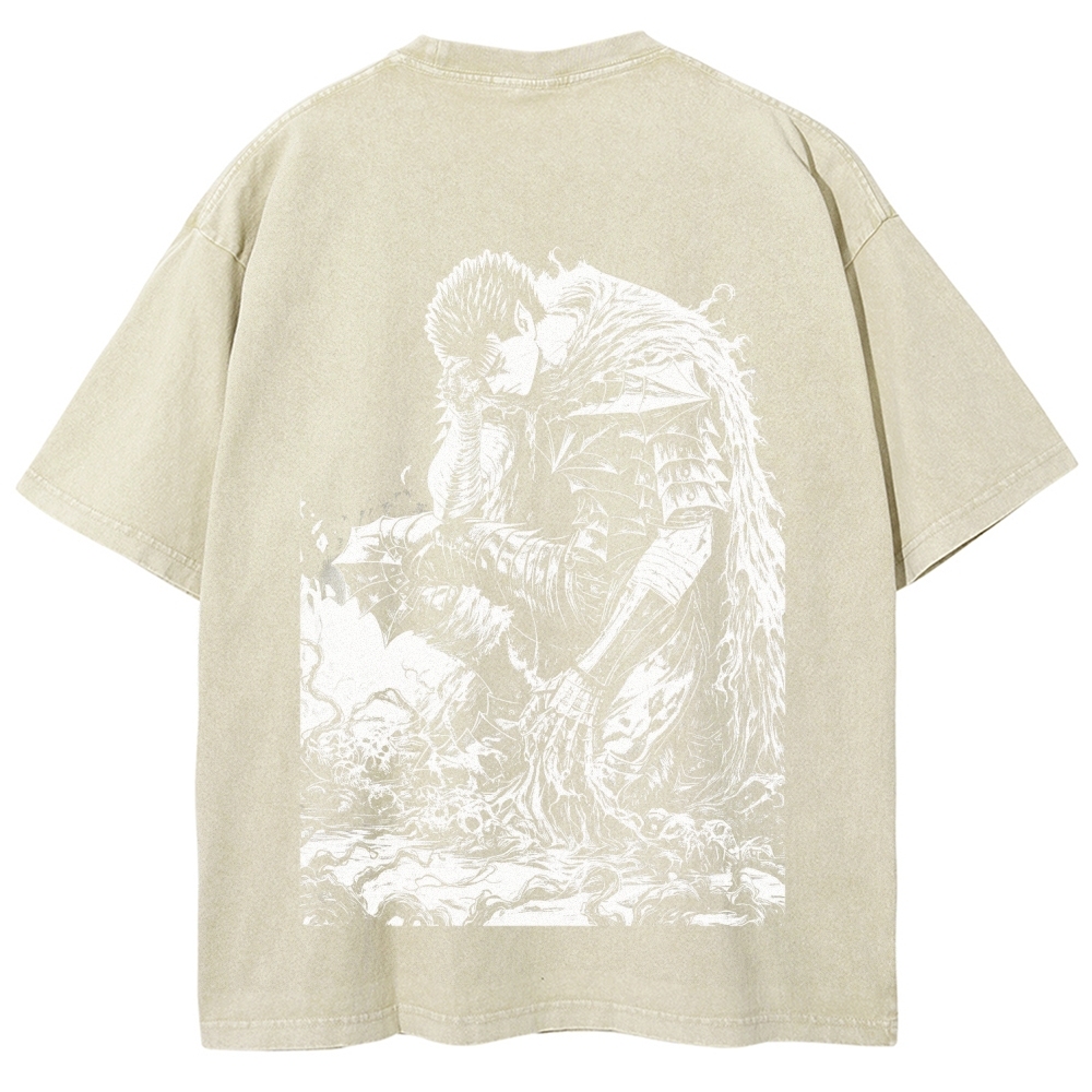 Black Knight Guts Berserk Retro Vintage Unisex Oversize Anime Manga Washed Heavyweight Cotton T-shirt