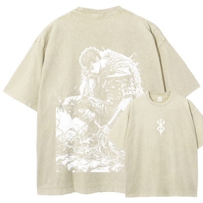 Black Knight Guts Berserk Retro Vintage Unisex Oversize Anime Manga Washed Heavyweight Cotton T-shirt