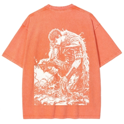 Black Knight Guts Berserk Retro Vintage Unisex Oversize Anime Manga Washed Heavyweight Cotton T-shirt