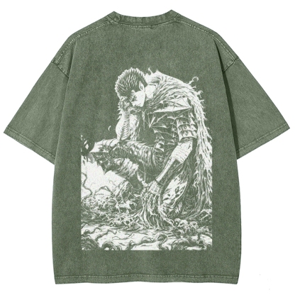 Black Knight Guts Berserk Retro Vintage Unisex Oversize Anime Manga Washed Heavyweight Cotton T-shirt