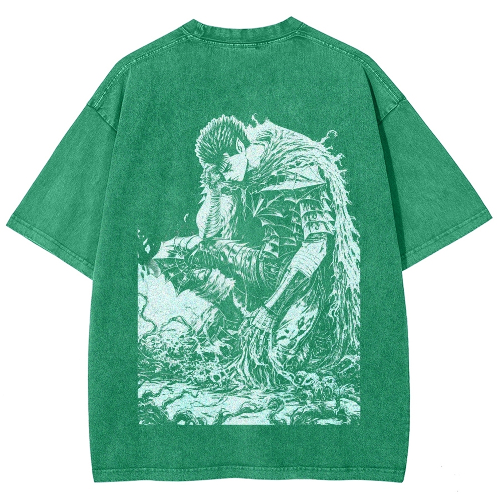 Black Knight Guts Berserk Retro Vintage Unisex Oversize Anime Manga Washed Heavyweight Cotton T-shirt