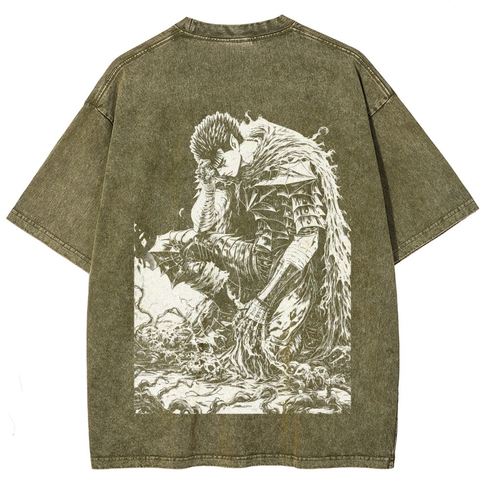 Black Knight Guts Berserk Retro Vintage Unisex Oversize Anime Manga Washed Heavyweight Cotton T-shirt