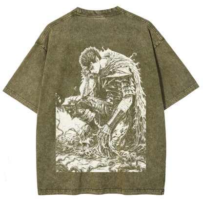 Black Knight Guts Berserk Retro Vintage Unisex Oversize Anime Manga Washed Heavyweight Cotton T-shirt