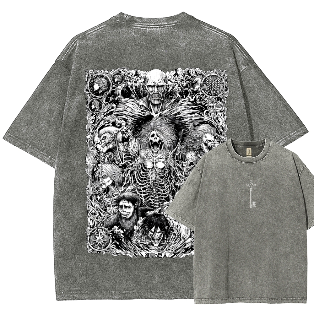 The Key Shingeki no Kyojin - Attack On Titan Anime Vintage Black Cotton Washed T-shirt
