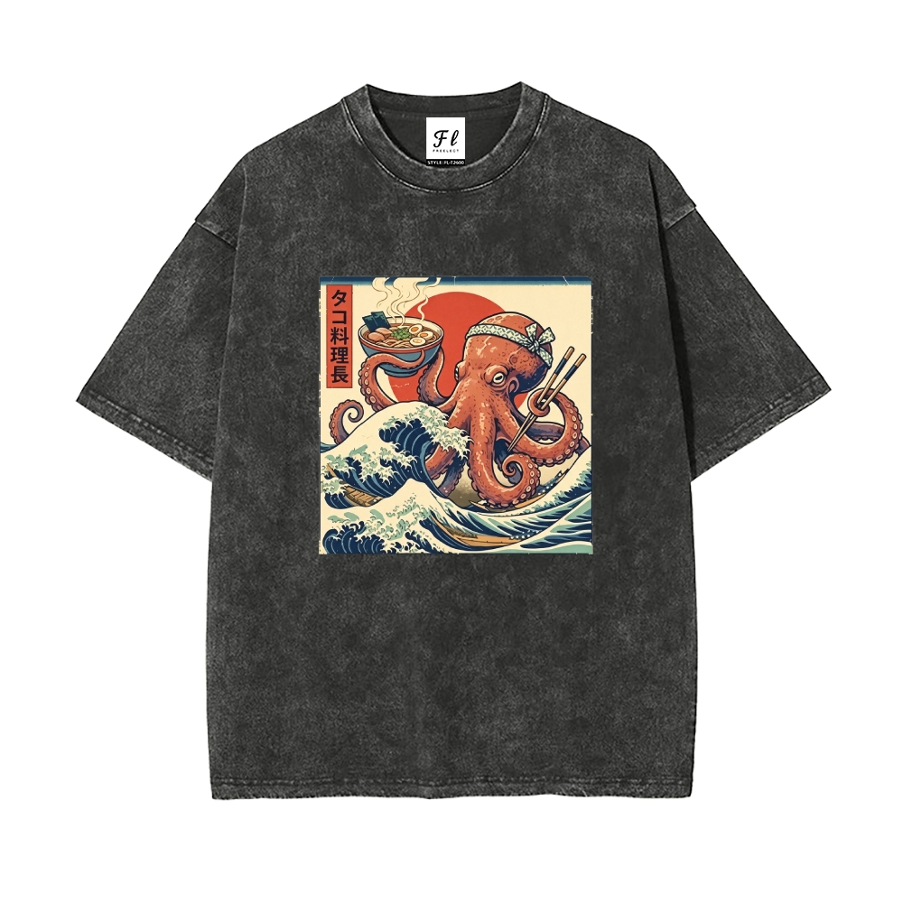 Ukiyo-E Octopus Ramen Master Washed T-Shirt