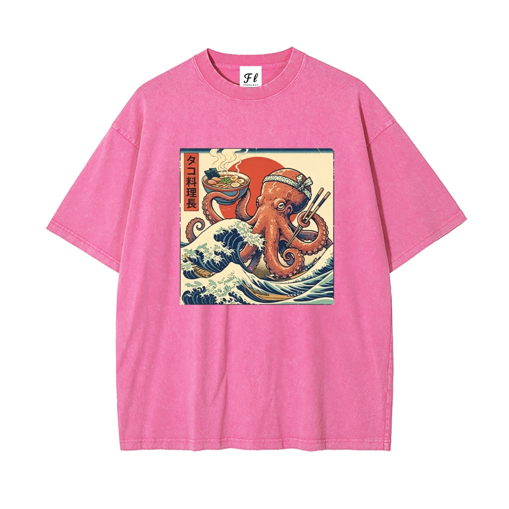 Ukiyo-E Octopus Ramen Master Washed T-Shirt