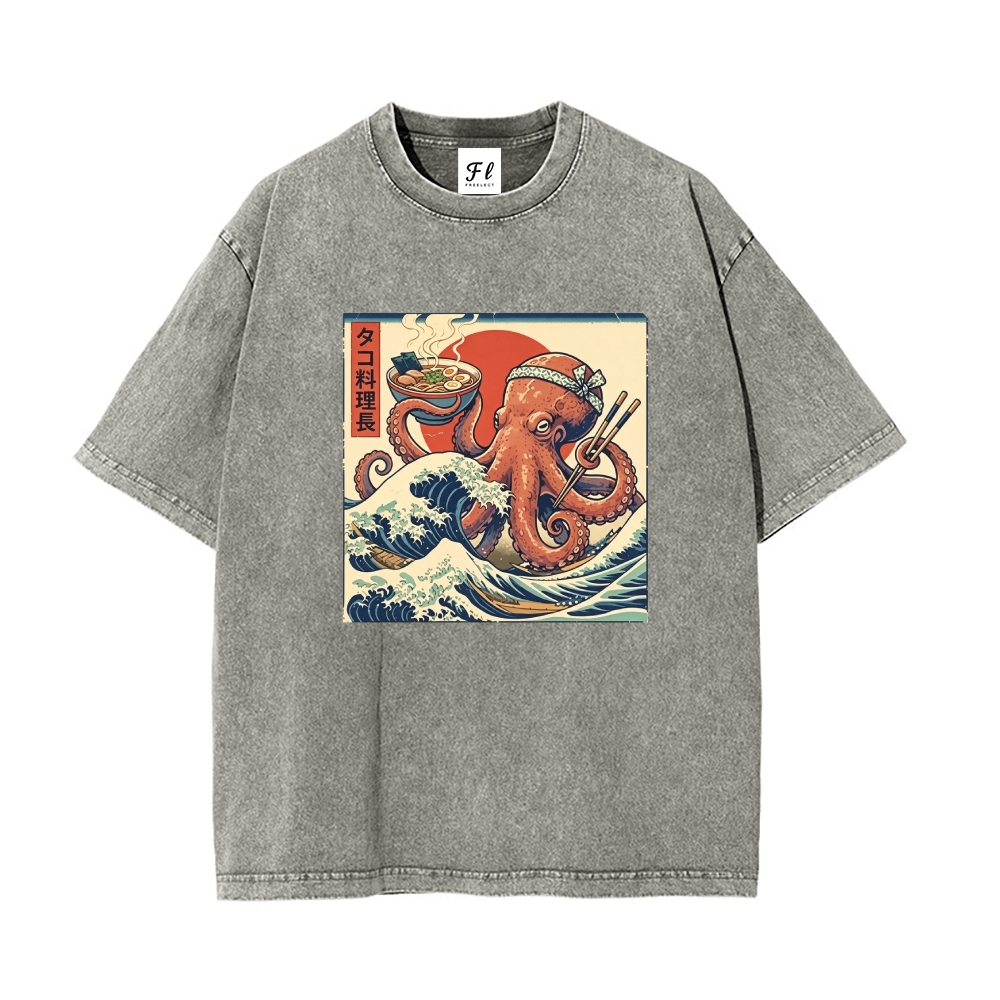 Ukiyo-E Octopus Ramen Master Washed T-Shirt